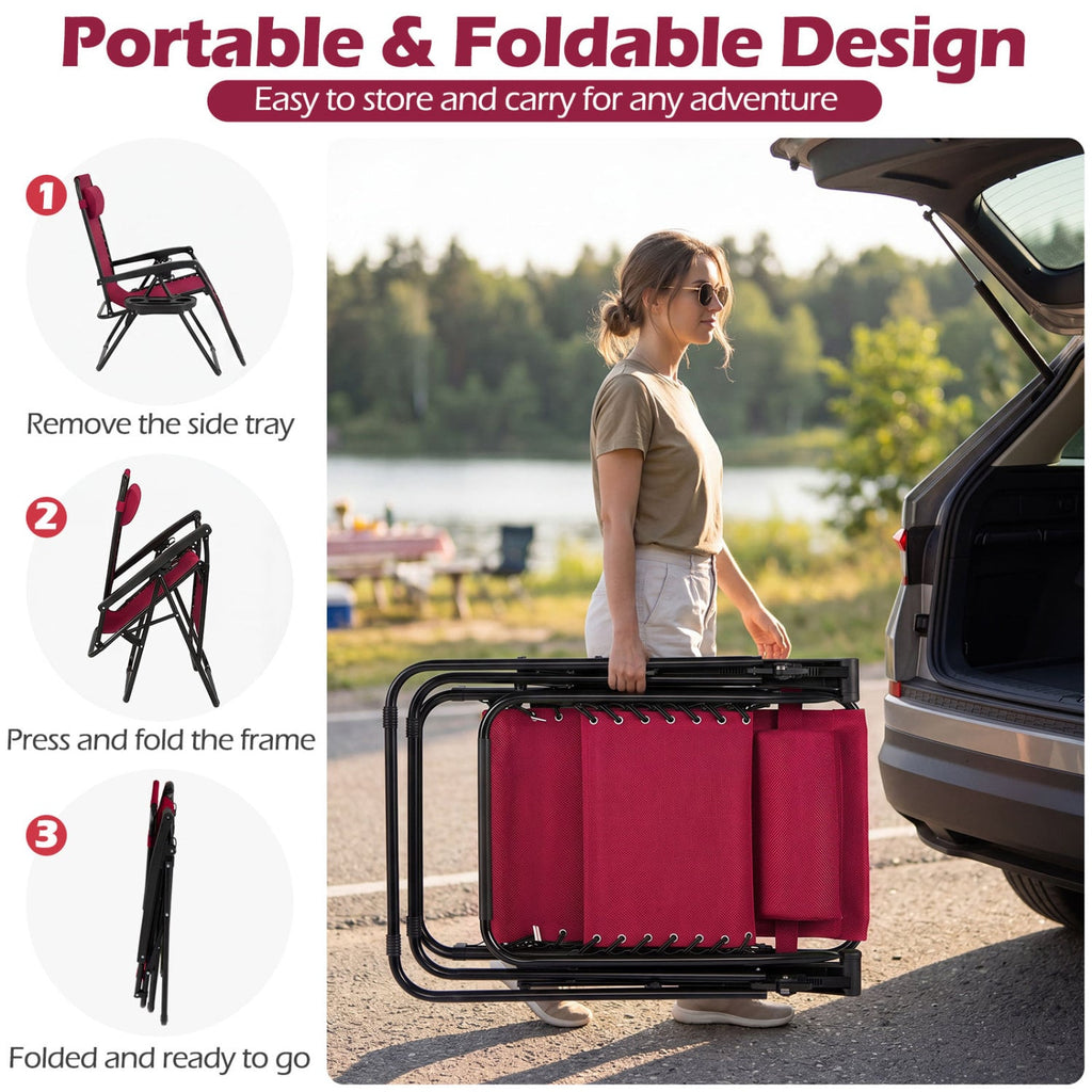 Portable Zero Gravity Chairs with Cup Holder Trays and Backrest-Red