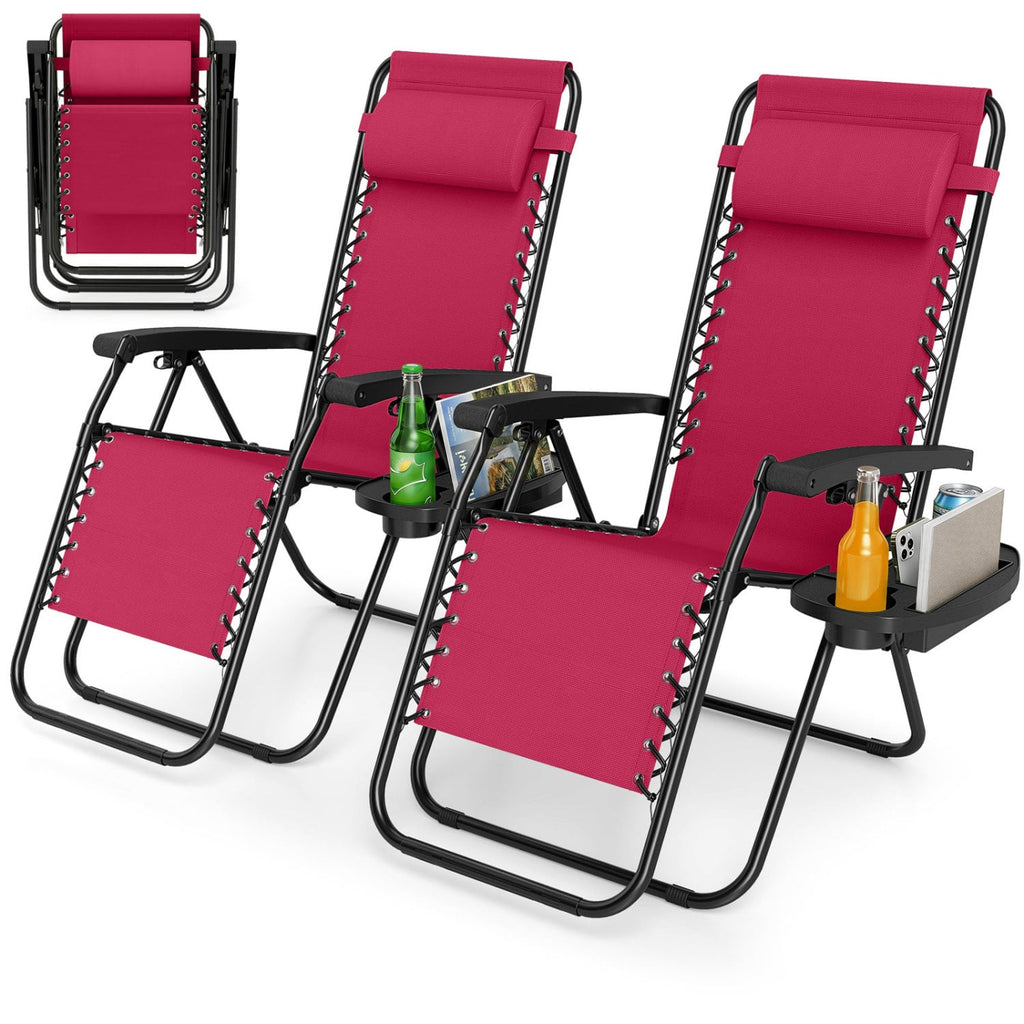 Portable Zero Gravity Chairs with Cup Holder Trays and Backrest Set of 2-Red
