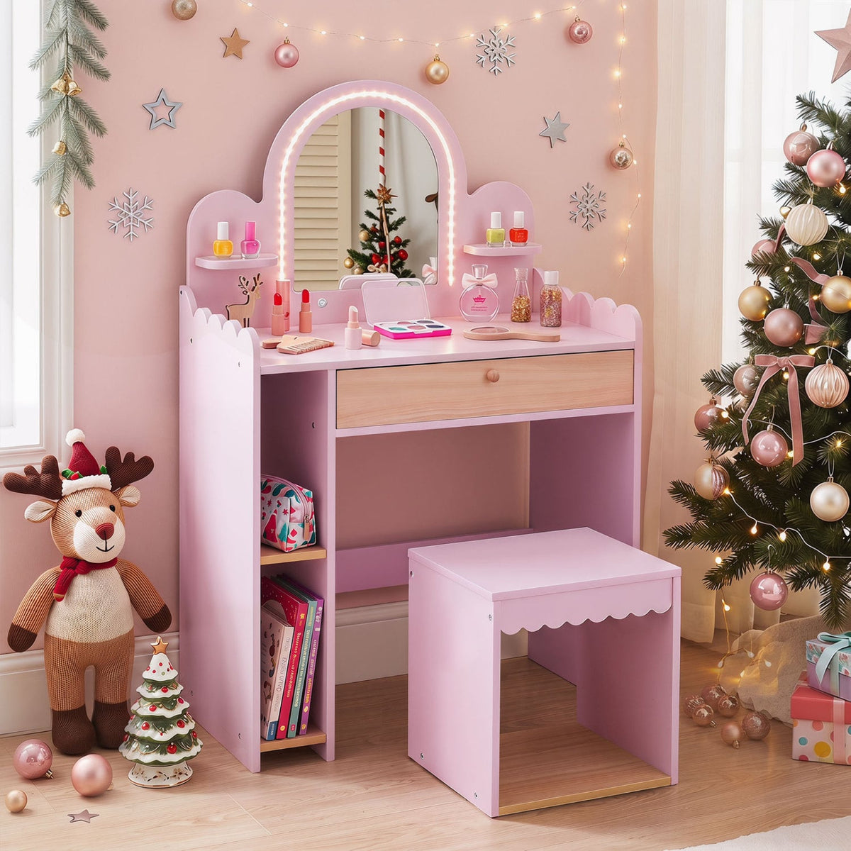 Pretend Makeup Dressing Table Set with 2 Small Shelves and Compartments-Pink
