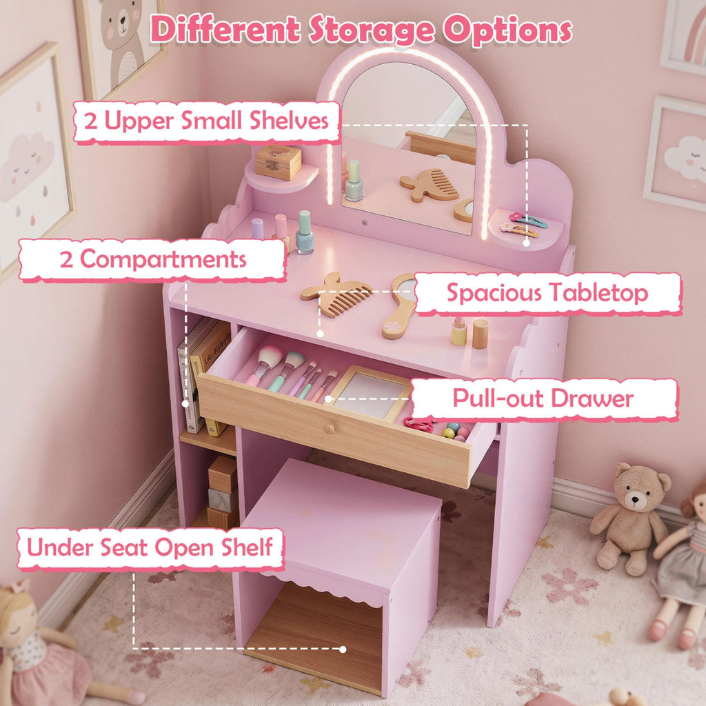 Pretend Makeup Dressing Table Set with 2 Small Shelves and Compartments-Pink