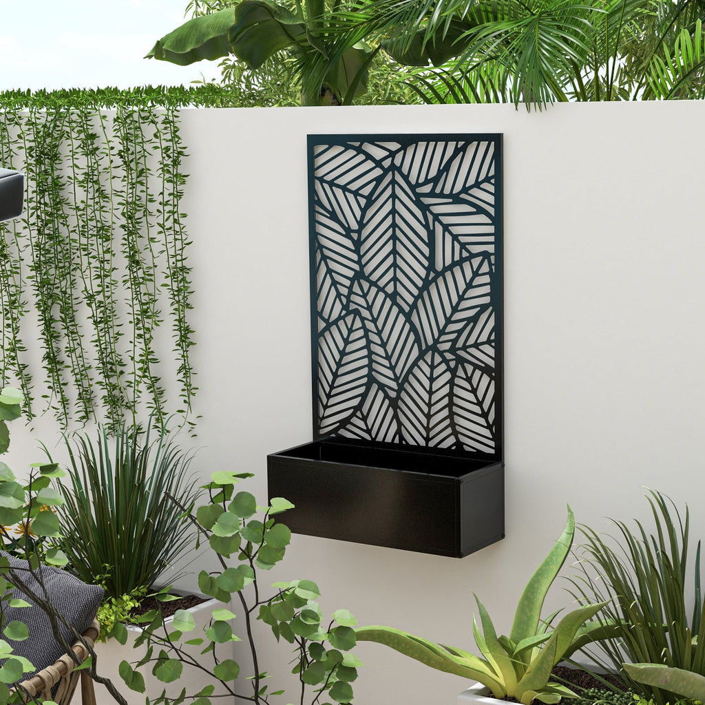Metal Outdoor Privacy Screen with Raised Graden Bed, Privacy Panel and Planter Box, Wall-Mounted or Freestanding