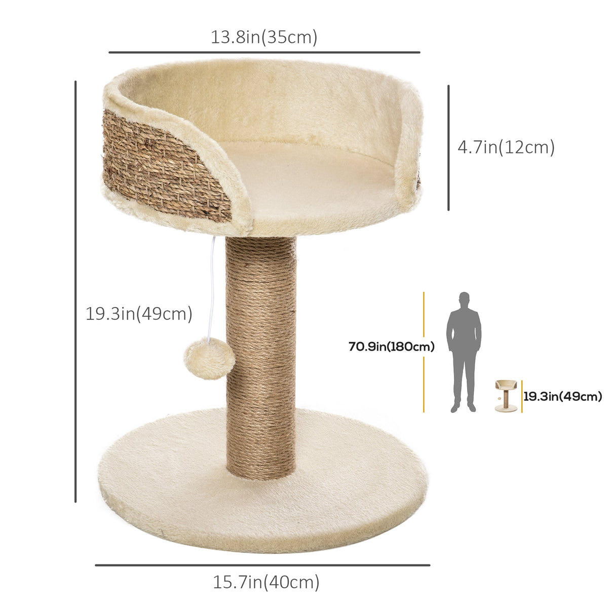 Cat Tree with Scratching Post, Toy Ball, Perch, Small Cat Tower for Indoor Cats - 16" x 16" x 19", Beige