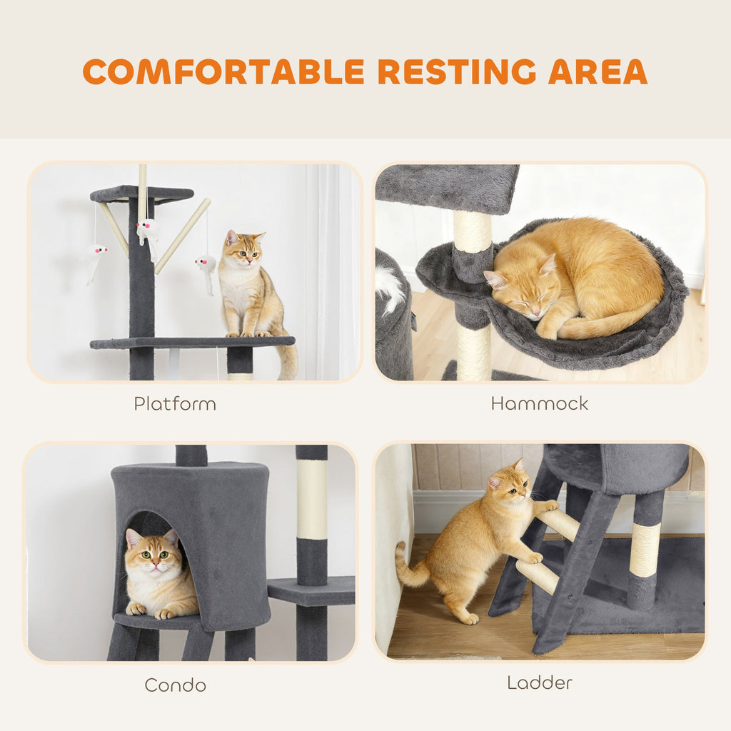53" Cat Tree Tower, Kitten Activity Centre with Scratching Posts, Condo, Perches, Ladder, Hammock, Dangling Toys, Grey