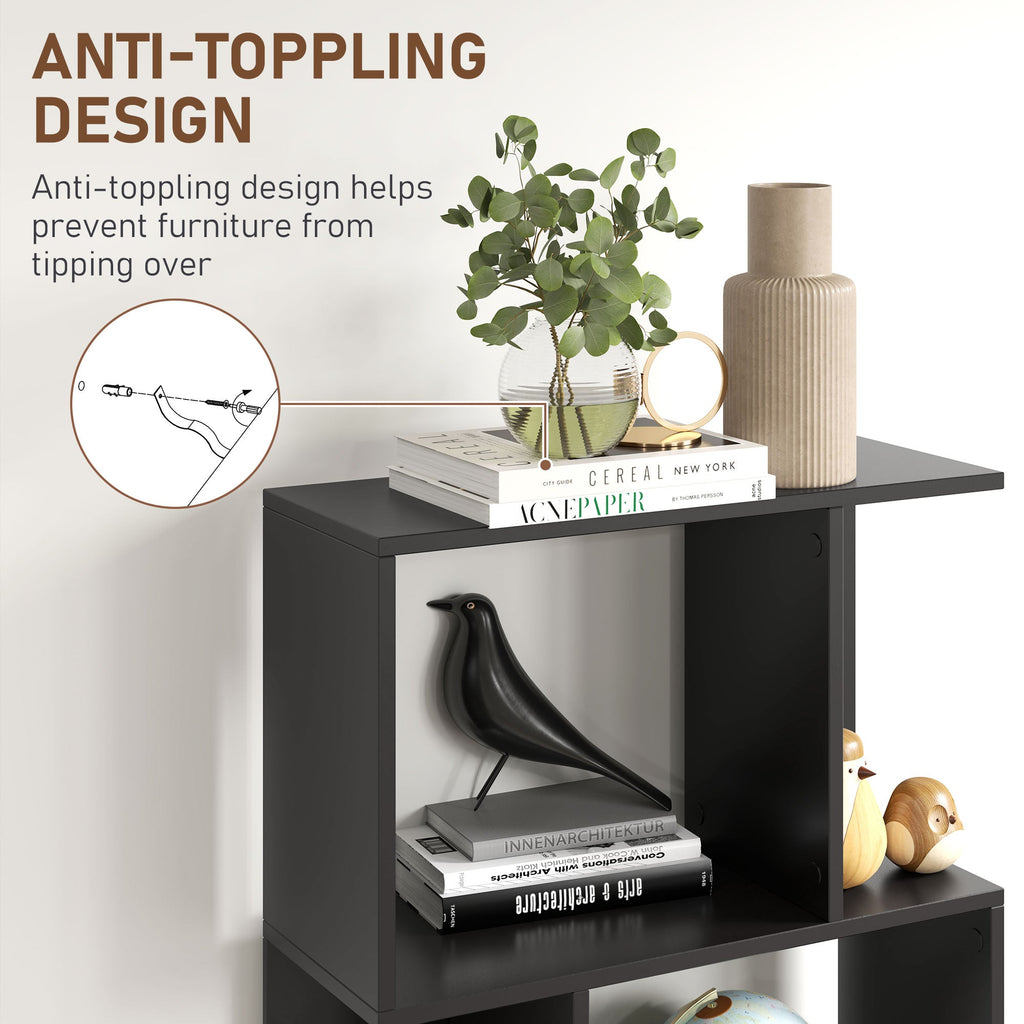 5-Tier Geometric Bookshelf, S Shaped Bookcase, Modern Freestanding Display Shelf Unit for Home Office, Black