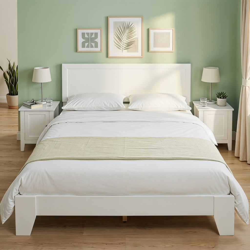 Queen Wood Platform Bed with Mid Century Headboard and 6 Inch Clearance, White