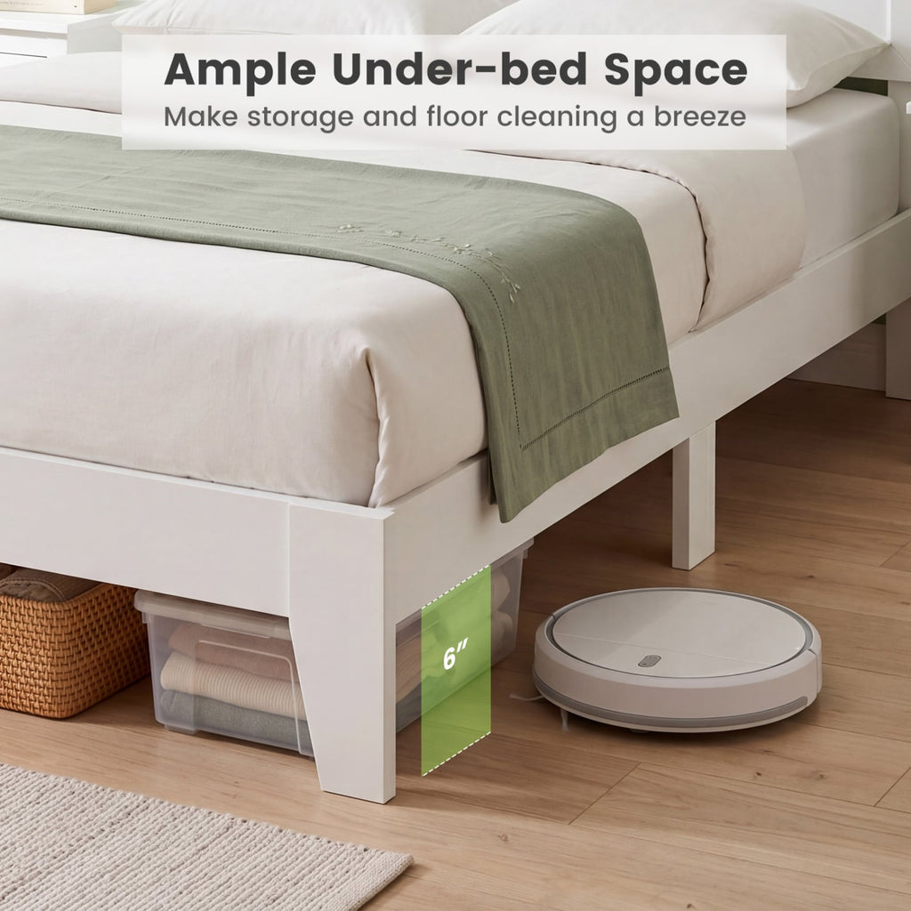 Queen Wood Platform Bed with Mid Century Headboard and 6 Inch Clearance, White