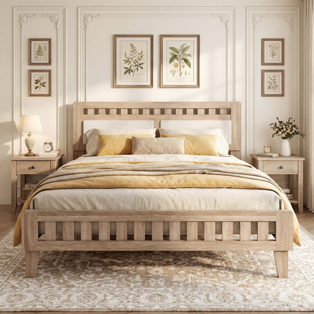 Queen Wood Platform Bed with Upholstered Headboard Panels and 17.5 Inch Footboard
