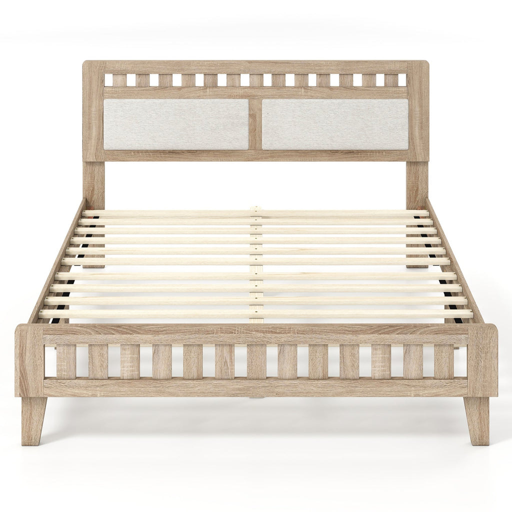 Queen Wood Platform Bed with Upholstered Headboard Panels and 17.5 Inch Footboard
