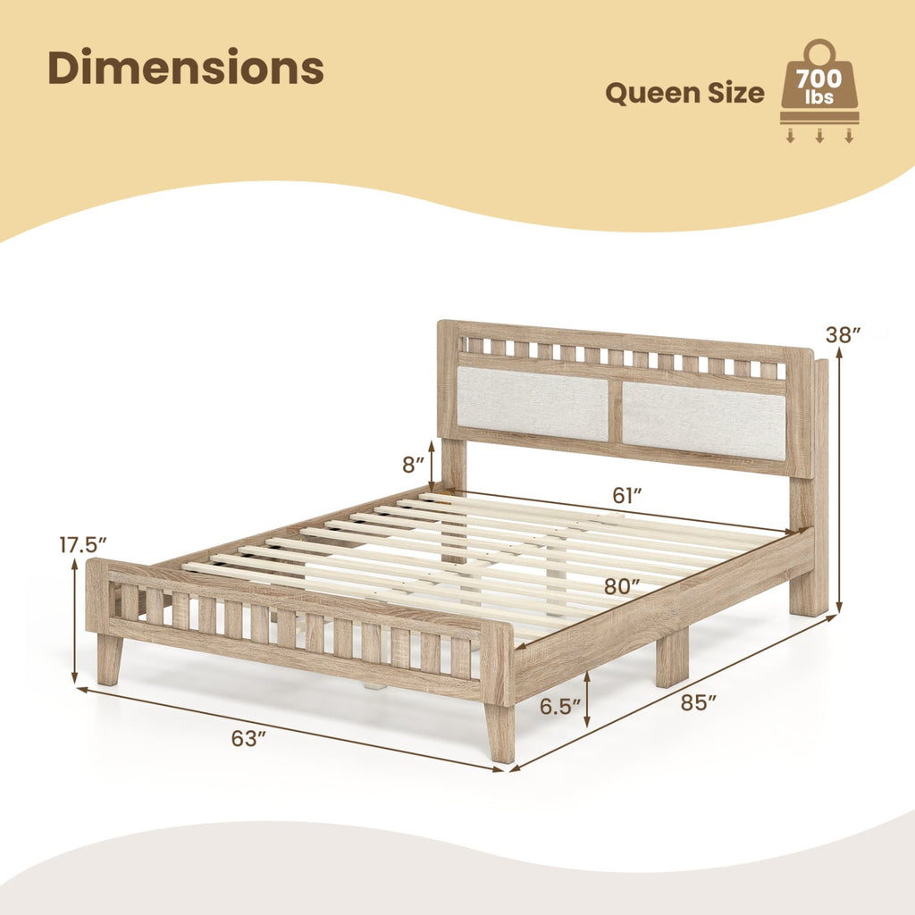 Queen Wood Platform Bed with Upholstered Headboard Panels and 17.5 Inch Footboard