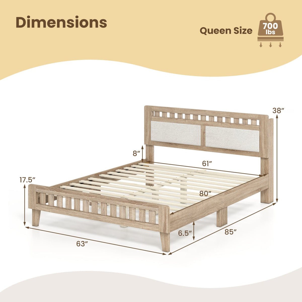 Queen Wood Platform Bed with Upholstered Headboard Panels and 17.5 Inch Footboard