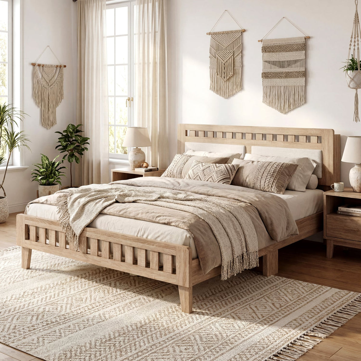 Queen Wood Platform Bed with Upholstered Headboard Panels and 17.5 Inch Footboard