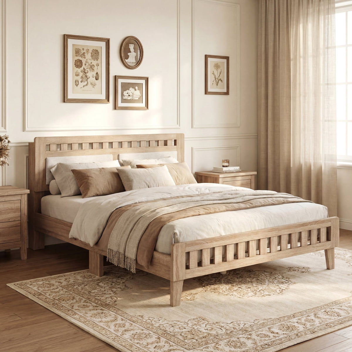 Queen Wood Platform Bed with Upholstered Headboard Panels and 17.5 Inch Footboard