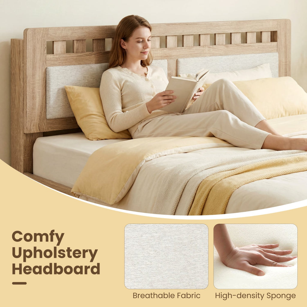 Queen Wood Platform Bed with Upholstered Headboard Panels and 17.5 Inch Footboard