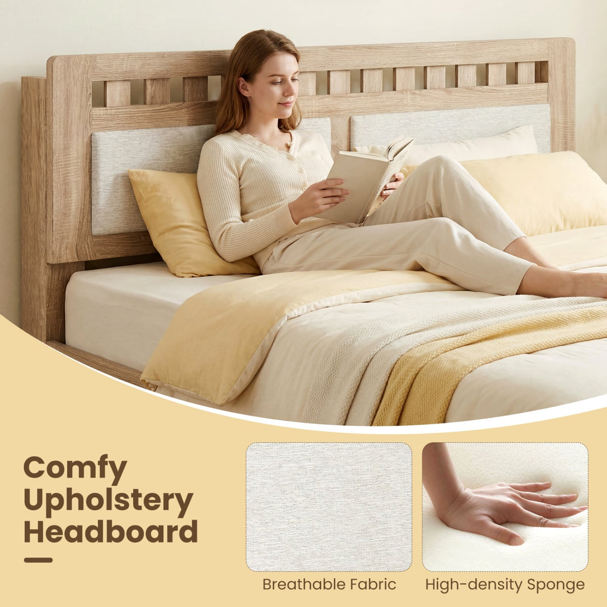 Queen Wood Platform Bed with Upholstered Headboard Panels and 17.5 Inch Footboard
