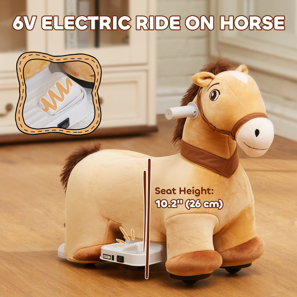 6V Battery Powered Kids Ride on Animal Toy, Electric Ride on Horse with Music Forward, Brown