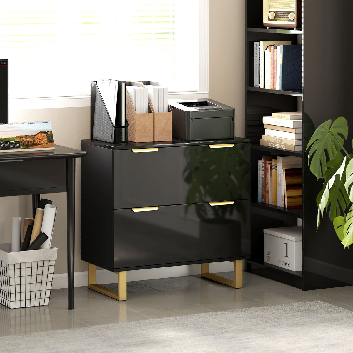 Lateral File Cabinet with 2 Drawers, Modern Filing Cabinet for Letter/A4/Legal Size Files, High Gloss Black