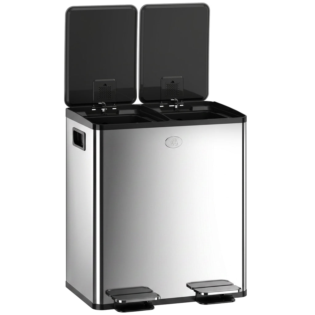 Garbage Bin, Soft-Close Trash Can with Foot Pedal, 2x5 Gal (2x20 L) Garbage Can with Removable Inner Buckets, Silver