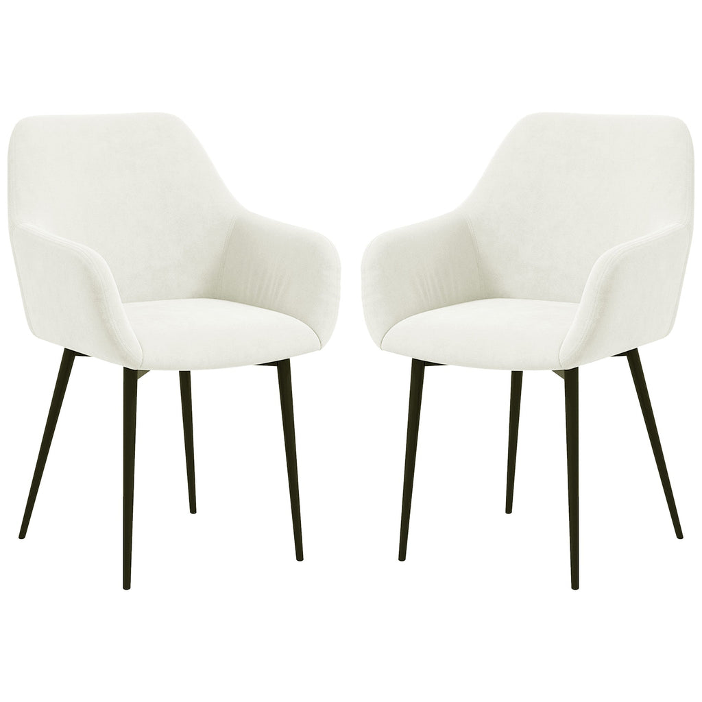 Dining Chairs Set of 2, Velvet-look Fabric Upholstered Kitchen Chairs with Backrest, Armrests and Steel Legs, Cream White