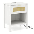 Rattan Nightstand with Charging Station and Storage Shelf for Bedroom-White