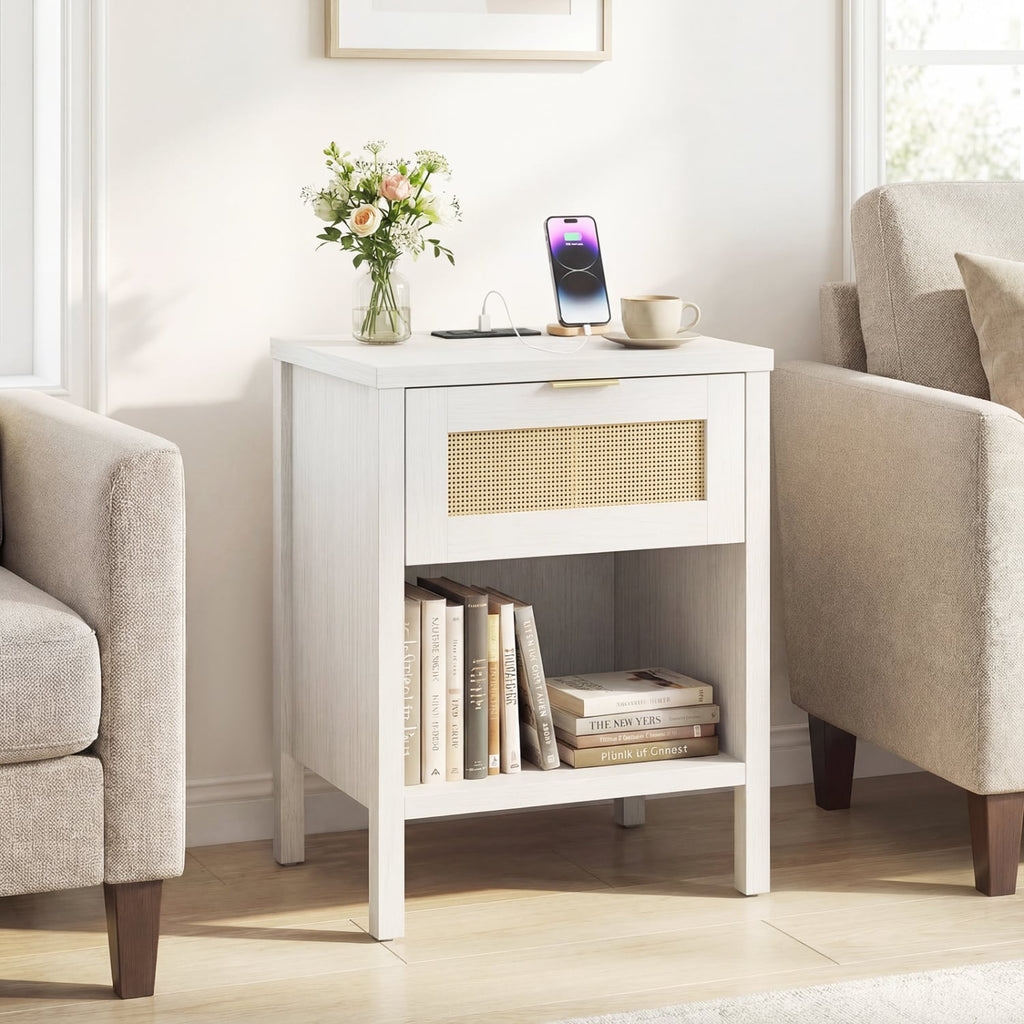 Rattan Nightstand with Charging Station and Storage Shelf for Bedroom-White