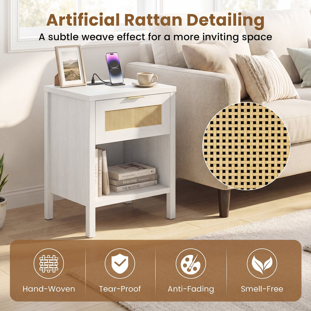 Rattan Nightstand with Charging Station and Storage Shelf for Bedroom-White