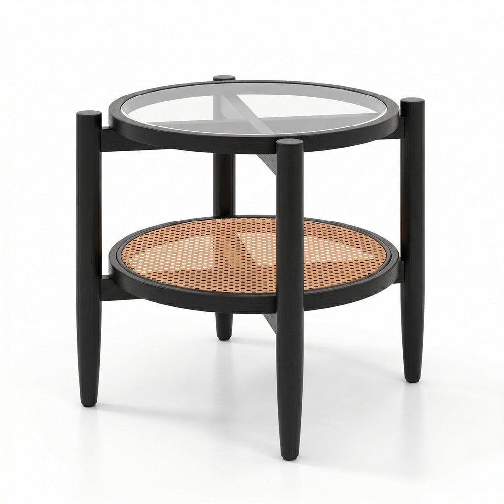 Rattan Round Side End Table with Tempered Glass Tabletop-Black