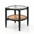 Rattan Round Side End Table with Tempered Glass Tabletop-Black