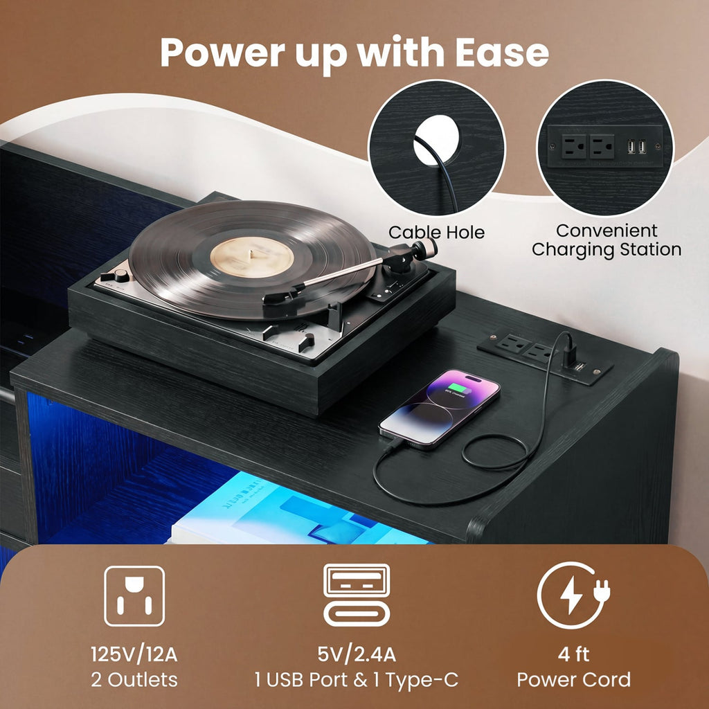 Record Player Stand with LED Light and Power Outlets-Black
