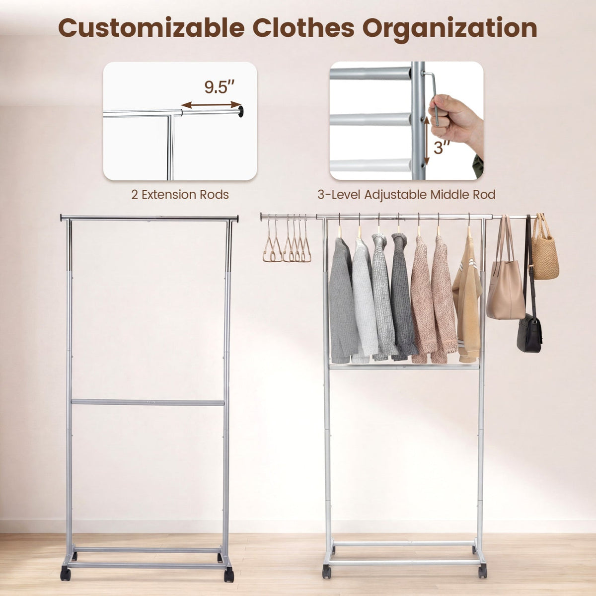 Rolling Clothes Rack Double-Rod Extendable Garment Stand for Hanging Clothes