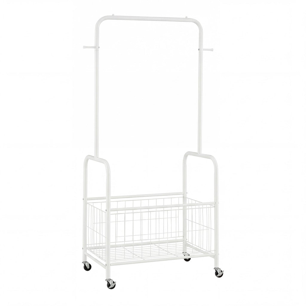 Rolling Metal Clothes Rack with Hanging Rod and Storage Basket-White