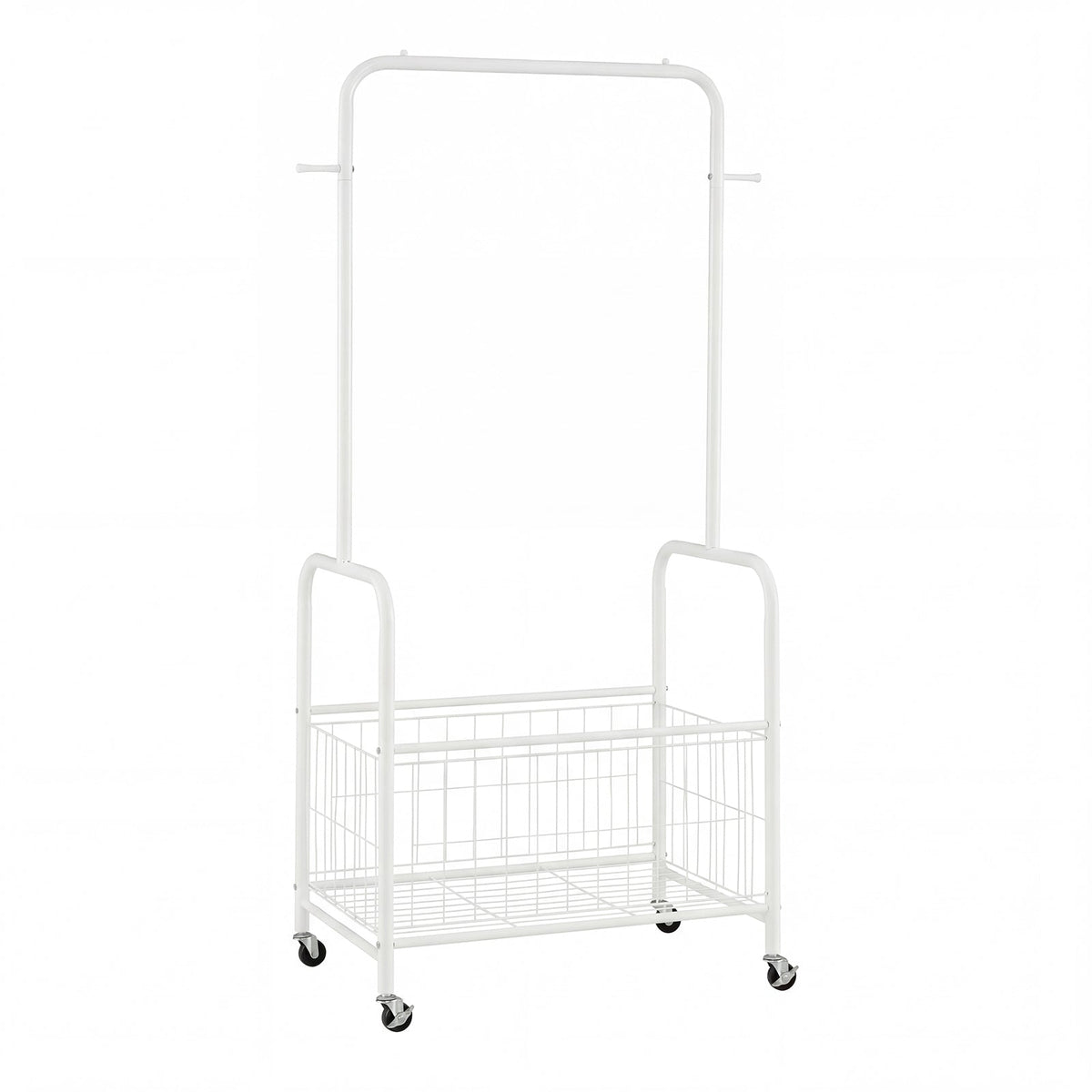 Rolling Metal Clothes Rack with Hanging Rod and Storage Basket-White