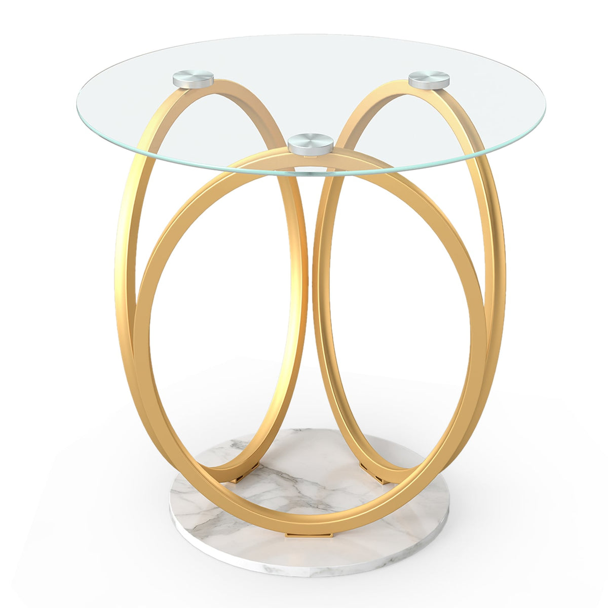 Round End Table Faux Marble Side Table with Tempered Glass Tabletop-Gold