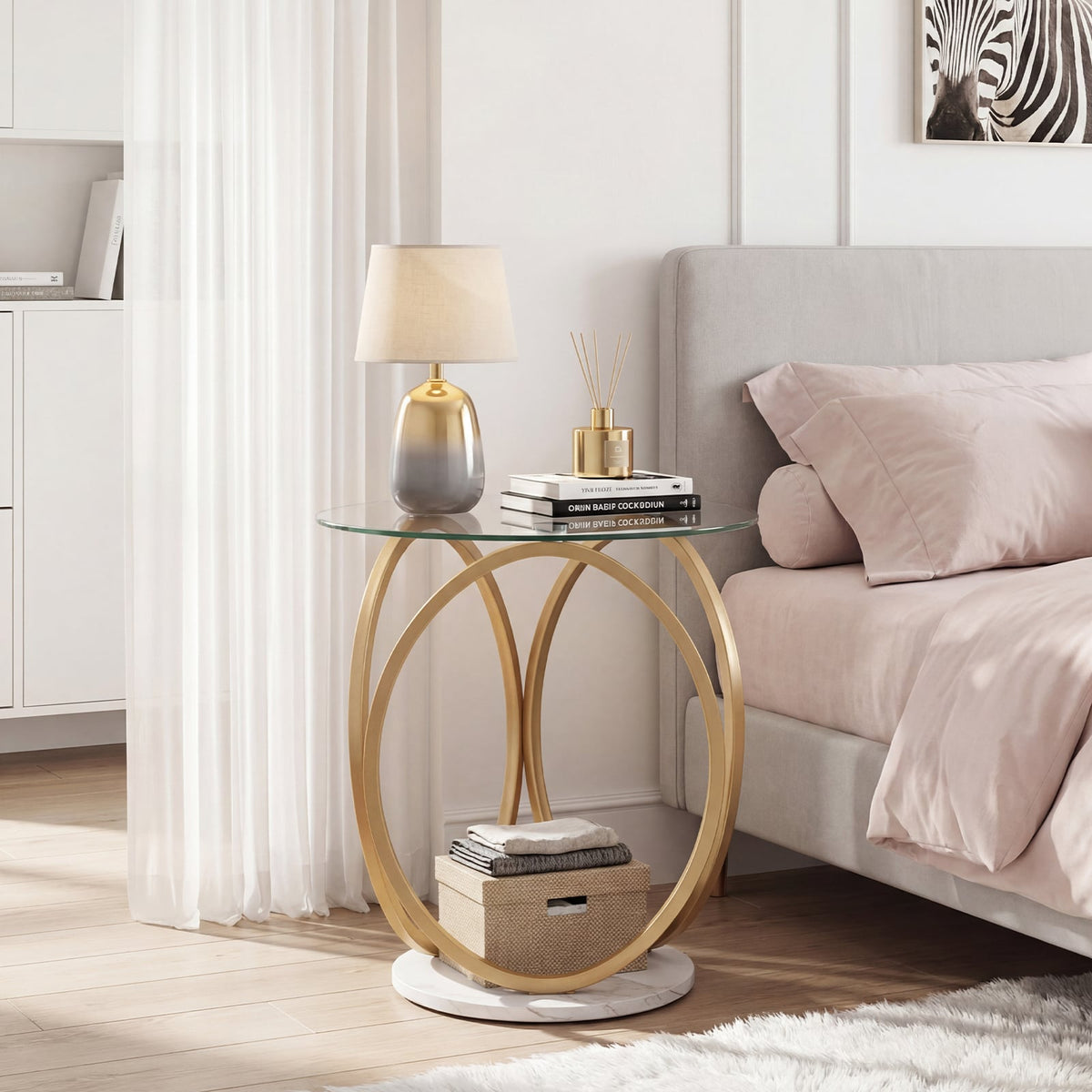 Round End Table Faux Marble Side Table with Tempered Glass Tabletop-Gold