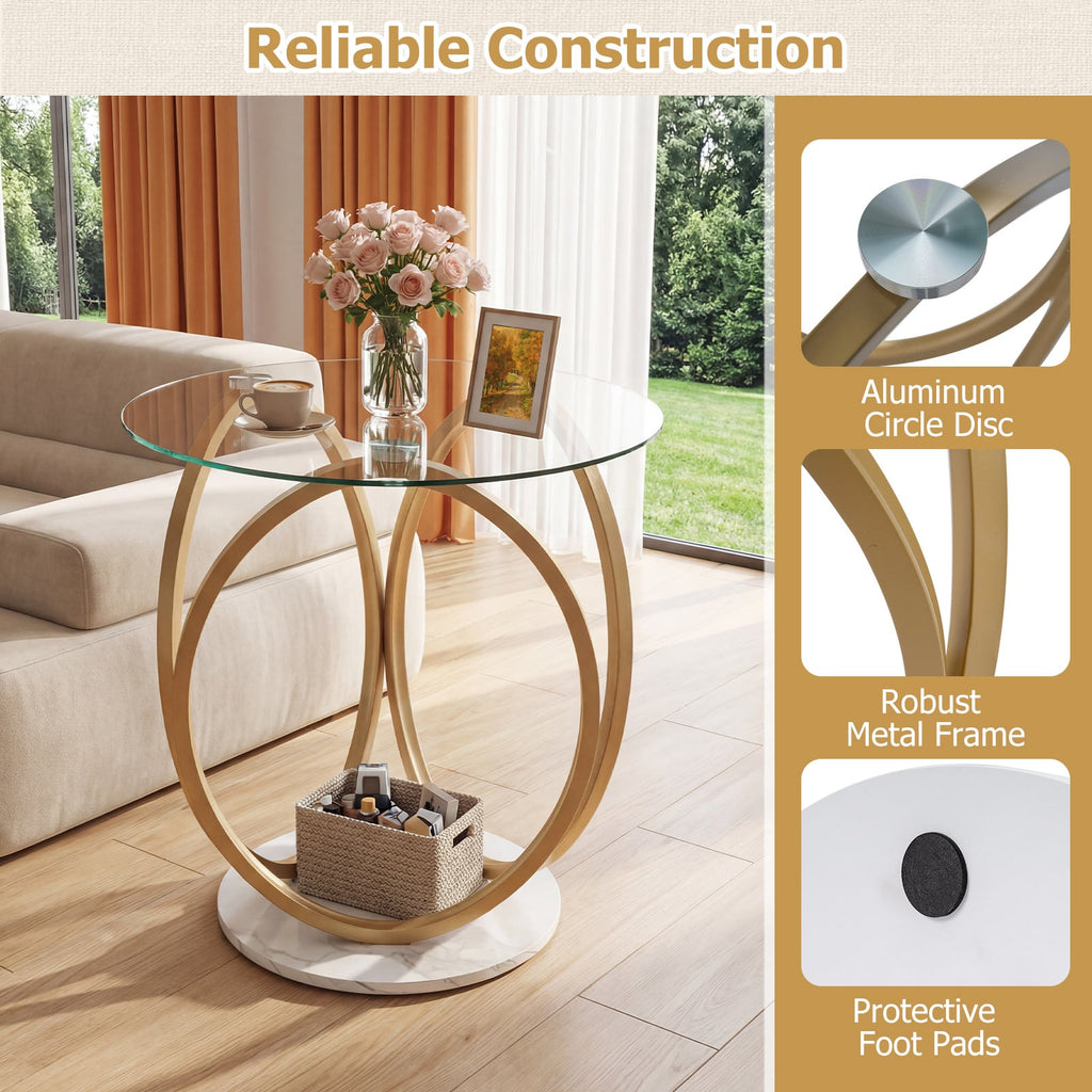 Round End Table Faux Marble Side Table with Tempered Glass Tabletop-Gold