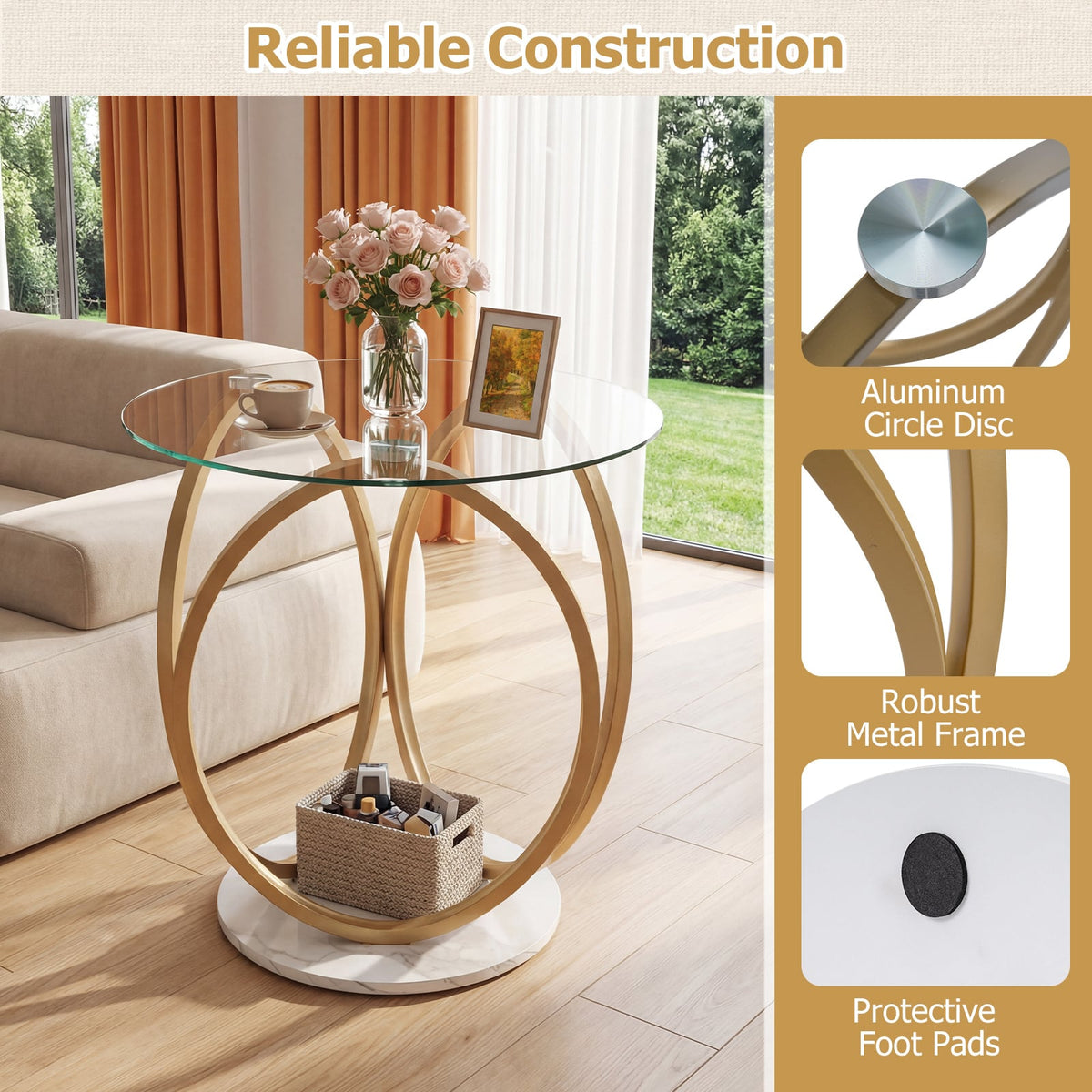 Round End Table Faux Marble Side Table with Tempered Glass Tabletop-Gold