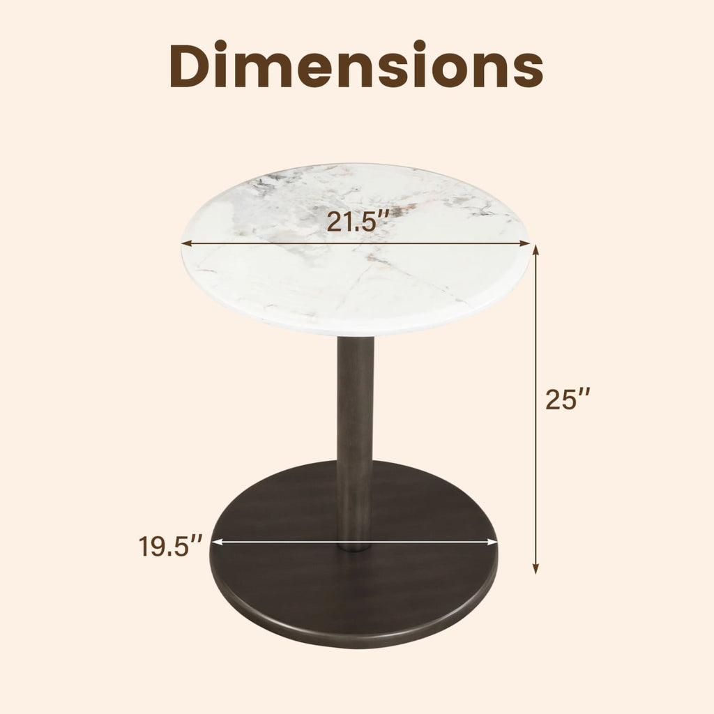 Round Marble Side Table Pedestal End Table with Stone Finish and Wooden-Black & White
