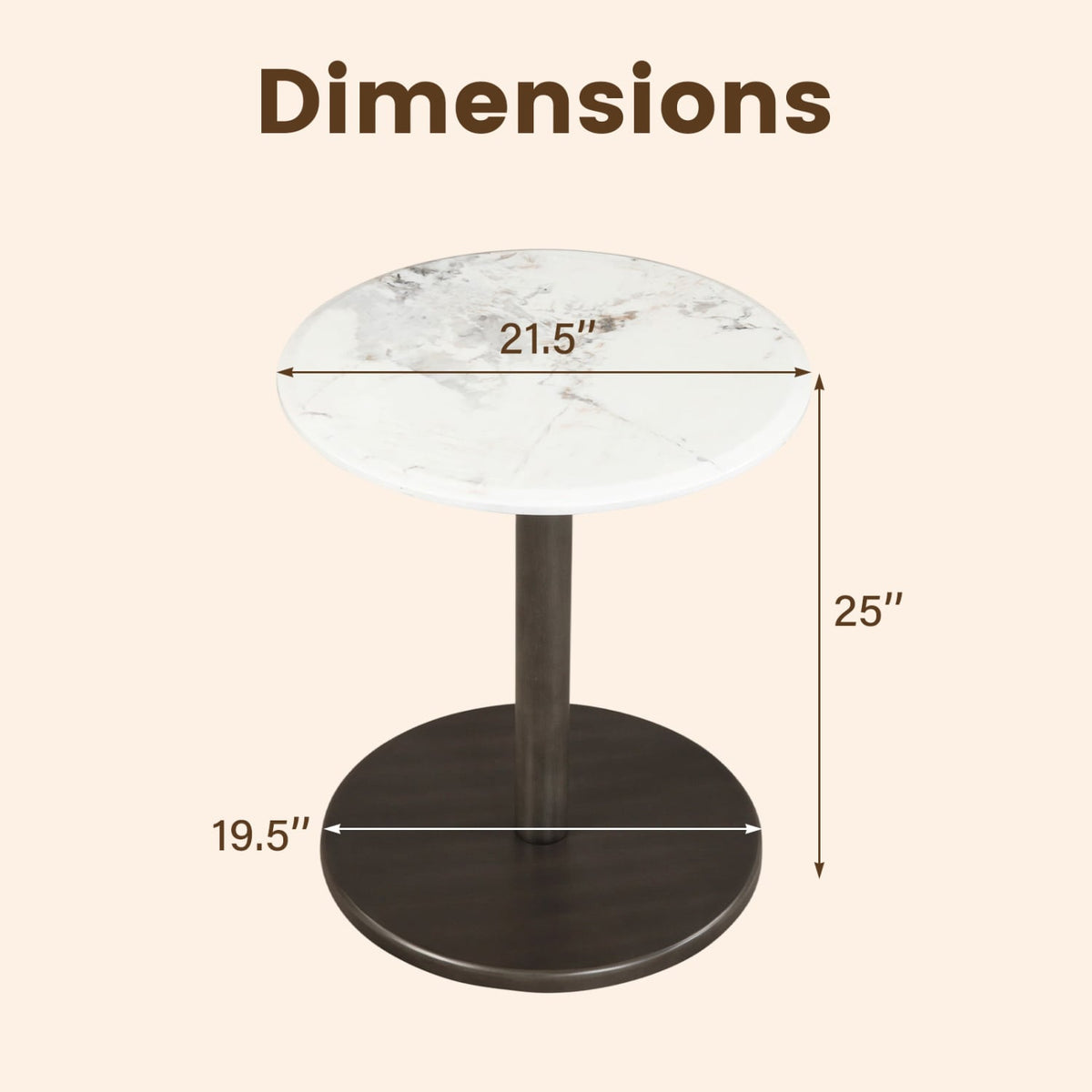 Round Marble Side Table Pedestal End Table with Stone Finish and Wooden-Black & White
