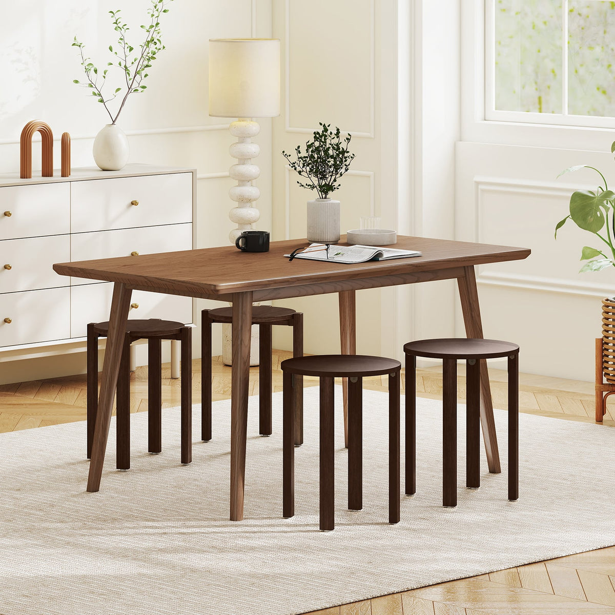 Set of 4 Round Nesting Stools with Rolling Base, Walnut Rubber Wood, Stack to 24 Inch Column