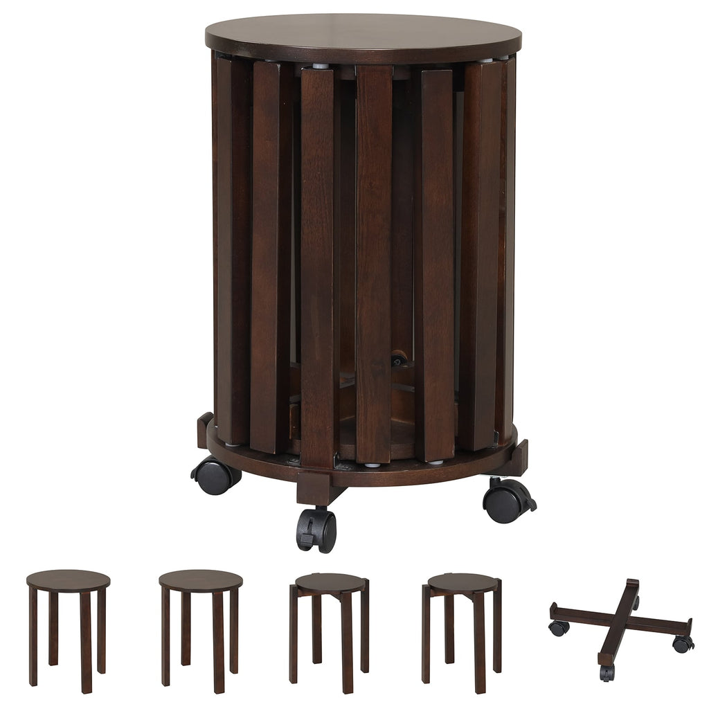 Set of 4 Round Nesting Stools with Rolling Base, Walnut Rubber Wood, Stack to 24 Inch Column