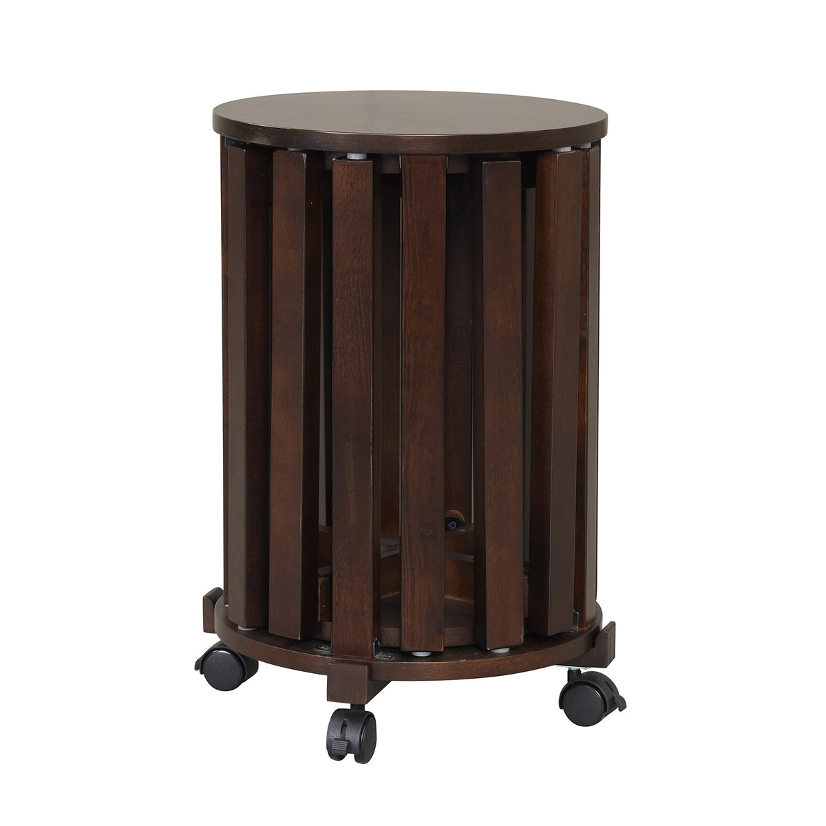 Set of 4 Round Nesting Stools with Rolling Base, Walnut Rubber Wood, Stack to 24 Inch Column