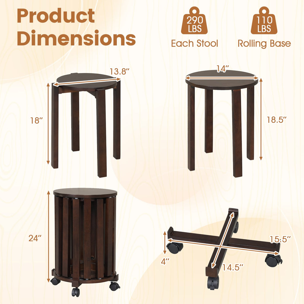 Set of 4 Round Nesting Stools with Rolling Base, Walnut Rubber Wood, Stack to 24 Inch Column