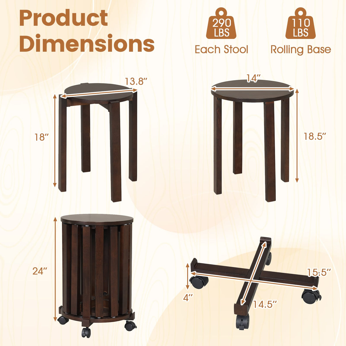 Set of 4 Round Nesting Stools with Rolling Base, Walnut Rubber Wood, Stack to 24 Inch Column