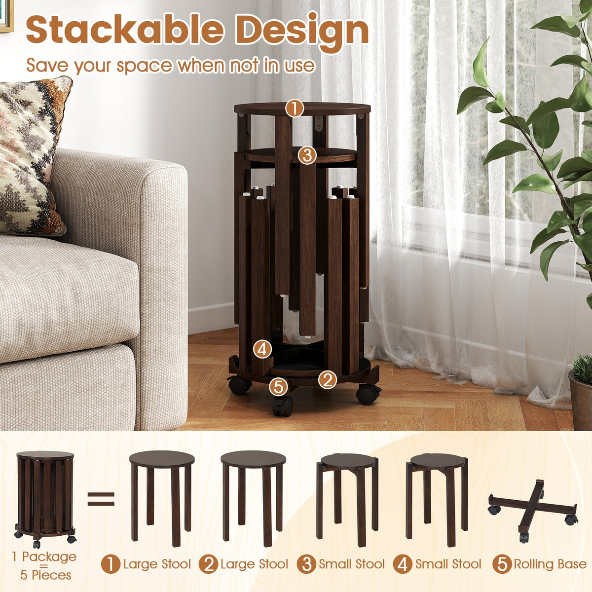 Set of 4 Round Nesting Stools with Rolling Base, Walnut Rubber Wood, Stack to 24 Inch Column