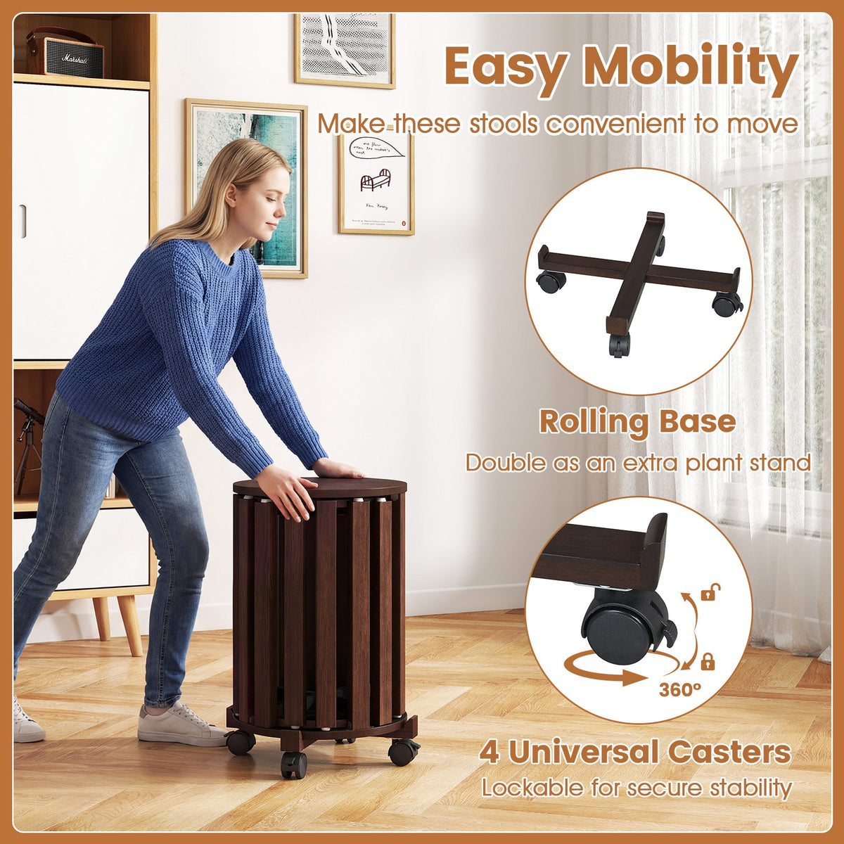 Set of 4 Round Nesting Stools with Rolling Base, Walnut Rubber Wood, Stack to 24 Inch Column