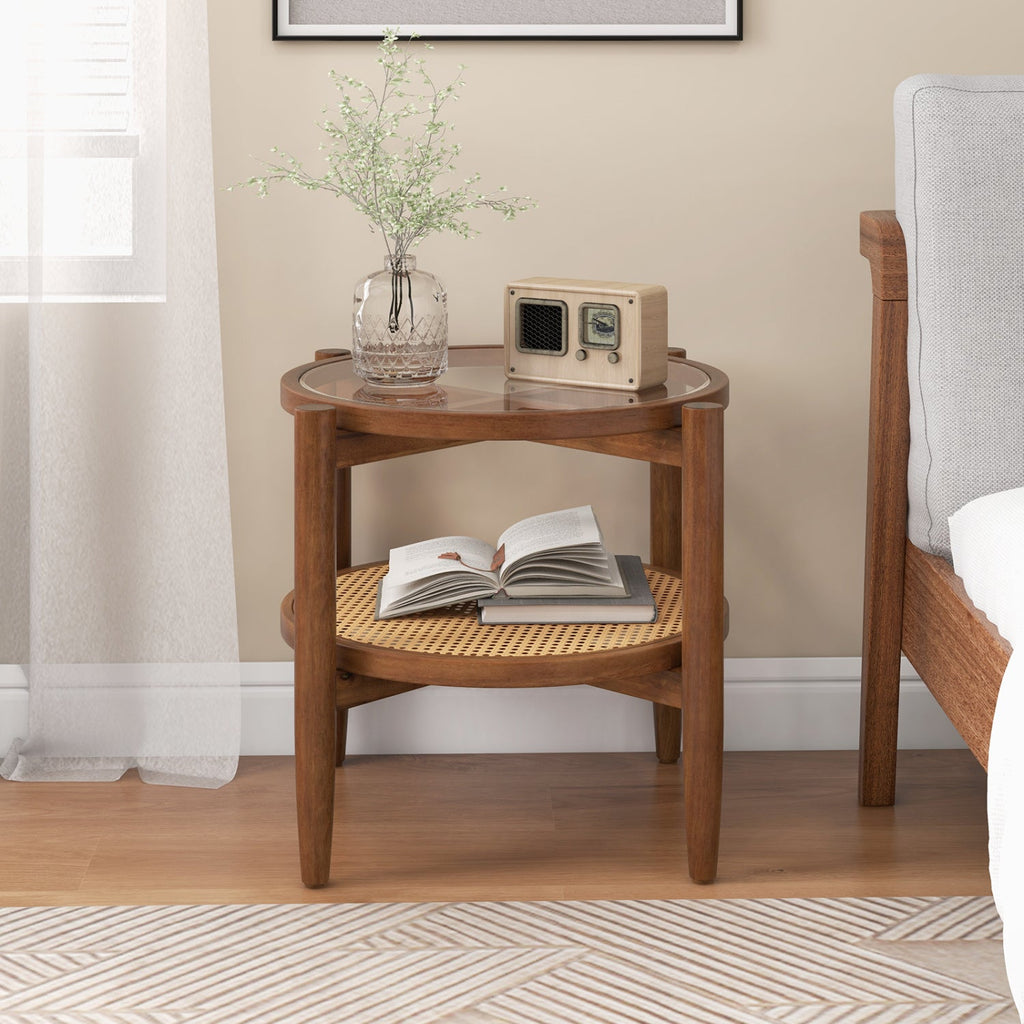 Round Rattan Side End Table with Tempered Glass Tabletop-Walnut