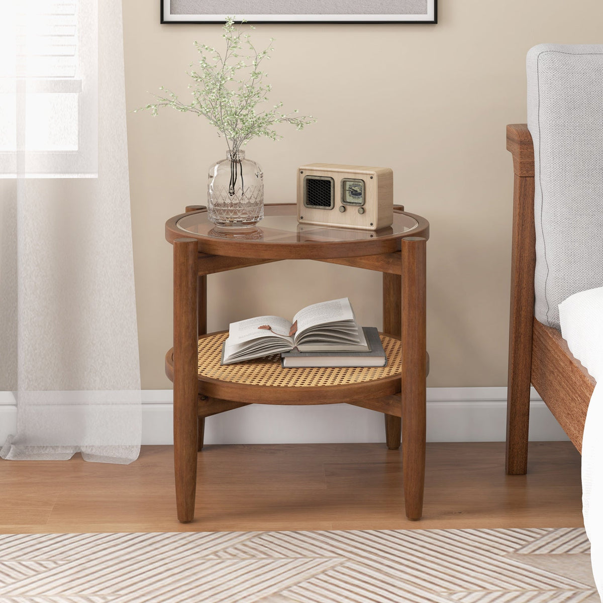 Round Rattan Side End Table with Tempered Glass Tabletop-Walnut