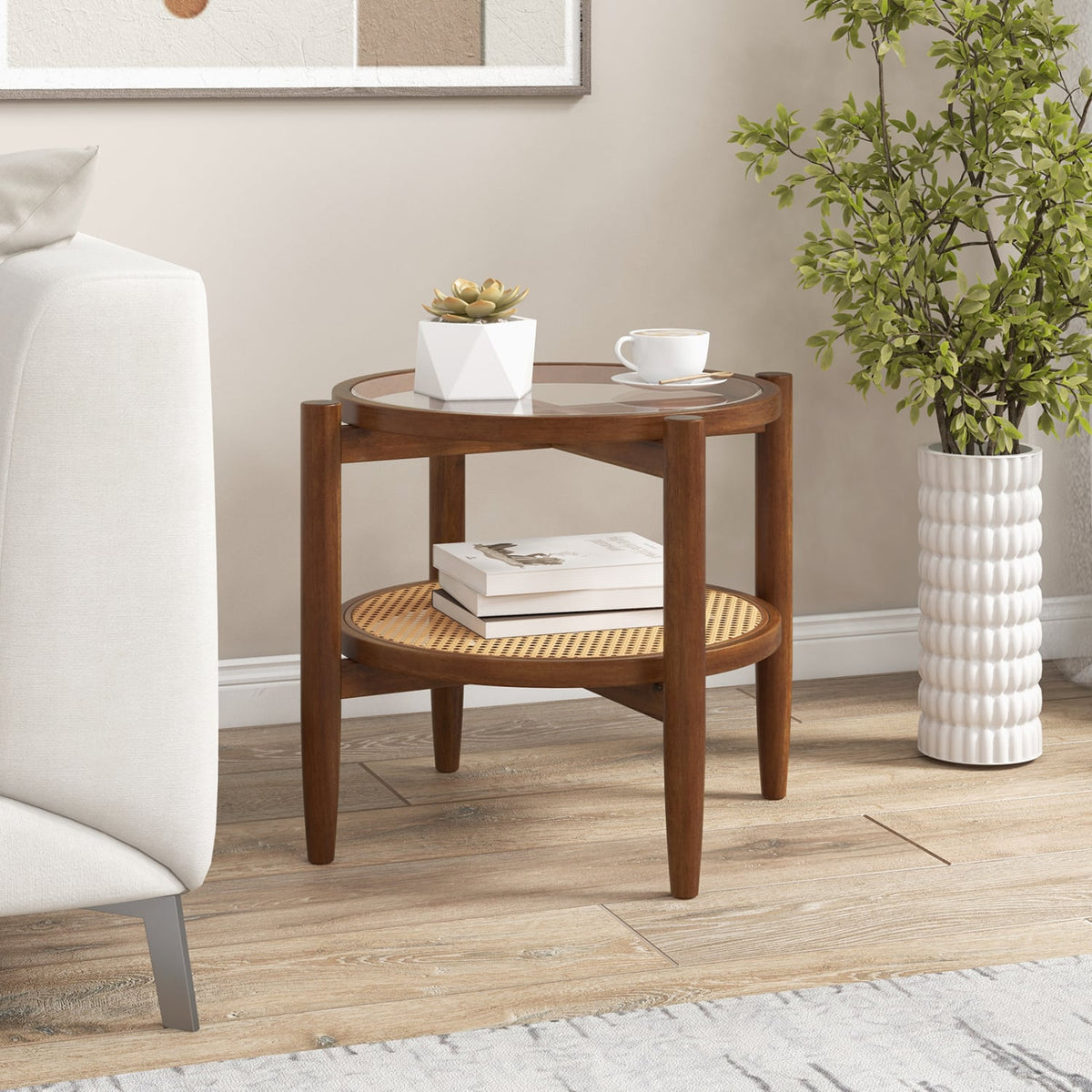 Round Rattan Side End Table with Tempered Glass Tabletop-Walnut