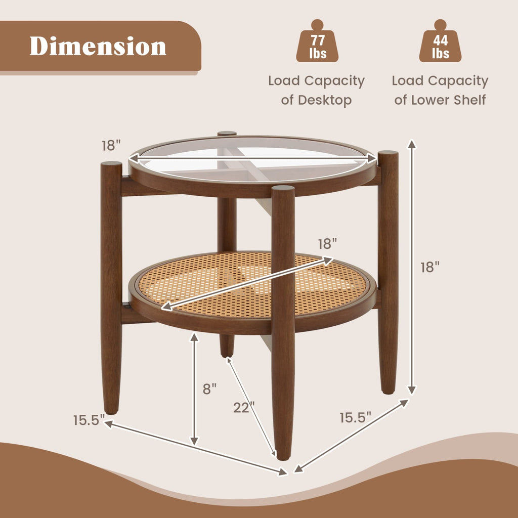 Round Rattan Side End Table with Tempered Glass Tabletop-Walnut