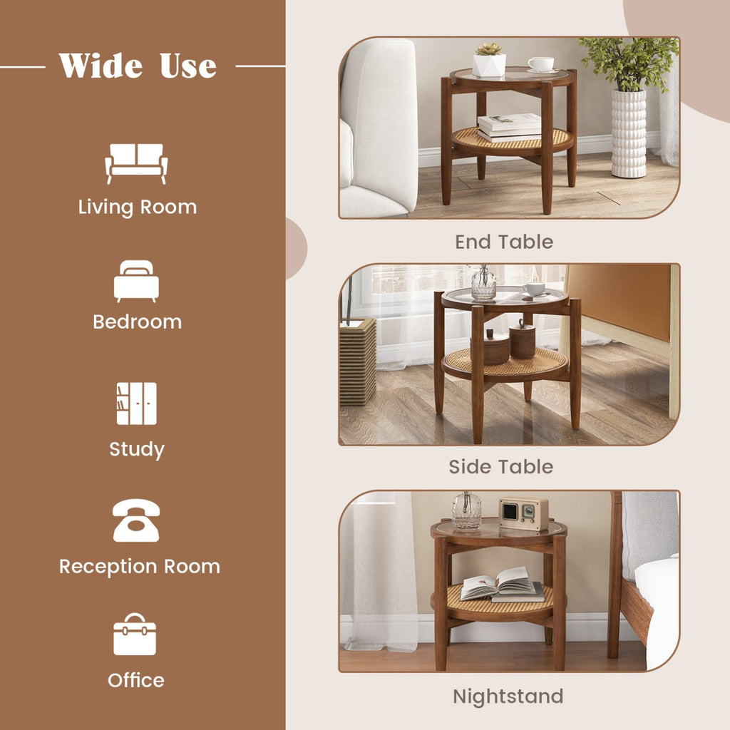 Round Rattan Side End Table with Tempered Glass Tabletop-Walnut