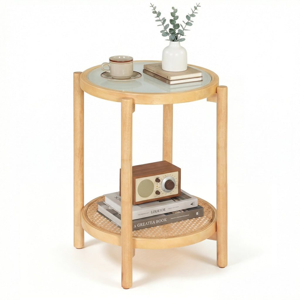 Round Side Table 2-Tier Boho End Table with Tempered Glass Top-Natural